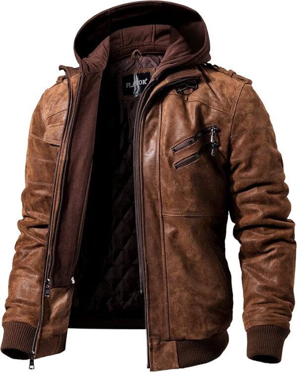 FLAVOR Men Brown Leather Motorcycle Jacket with Removable Hood